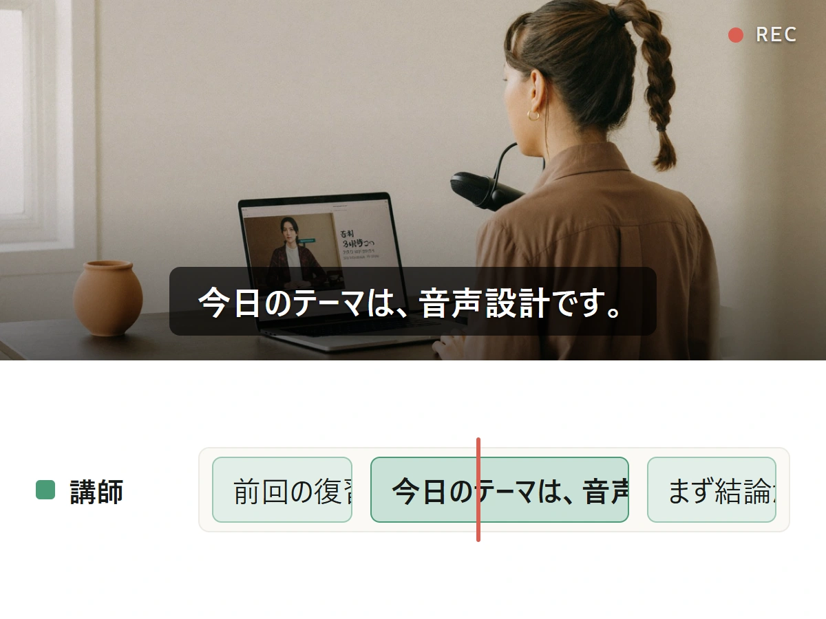 話者1人の講義動画をZimakuに読み込んだイメージ。講師のトラック1本に字幕が並ぶ